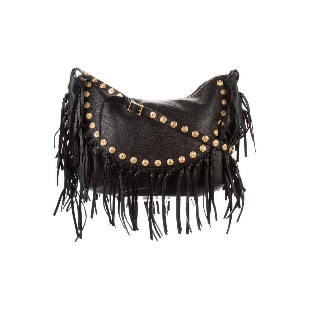 Valentino C-Rockee Fringe Hobo Black Leather Shoulder Bag With Gold Studs - Picture 3 of 9